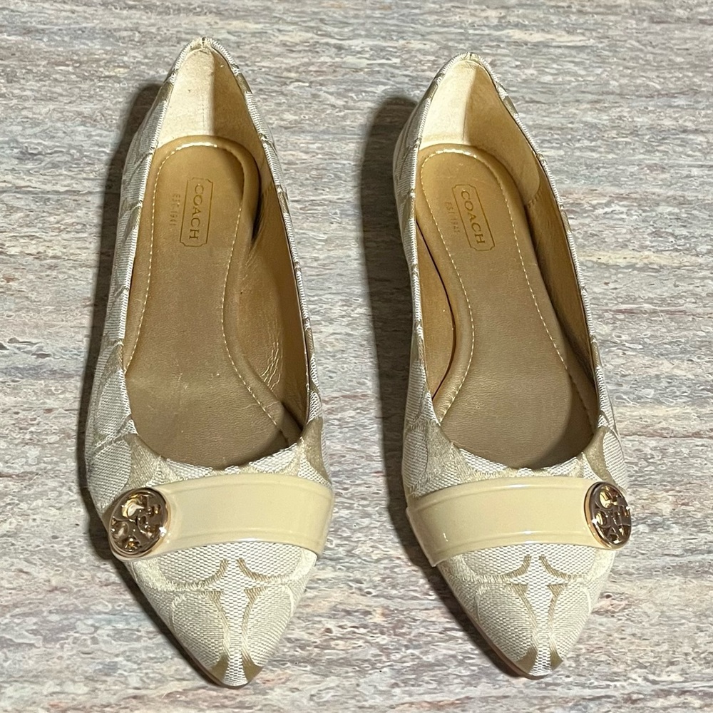 Coach Onida beige and gold monogram C pointy flat shoes